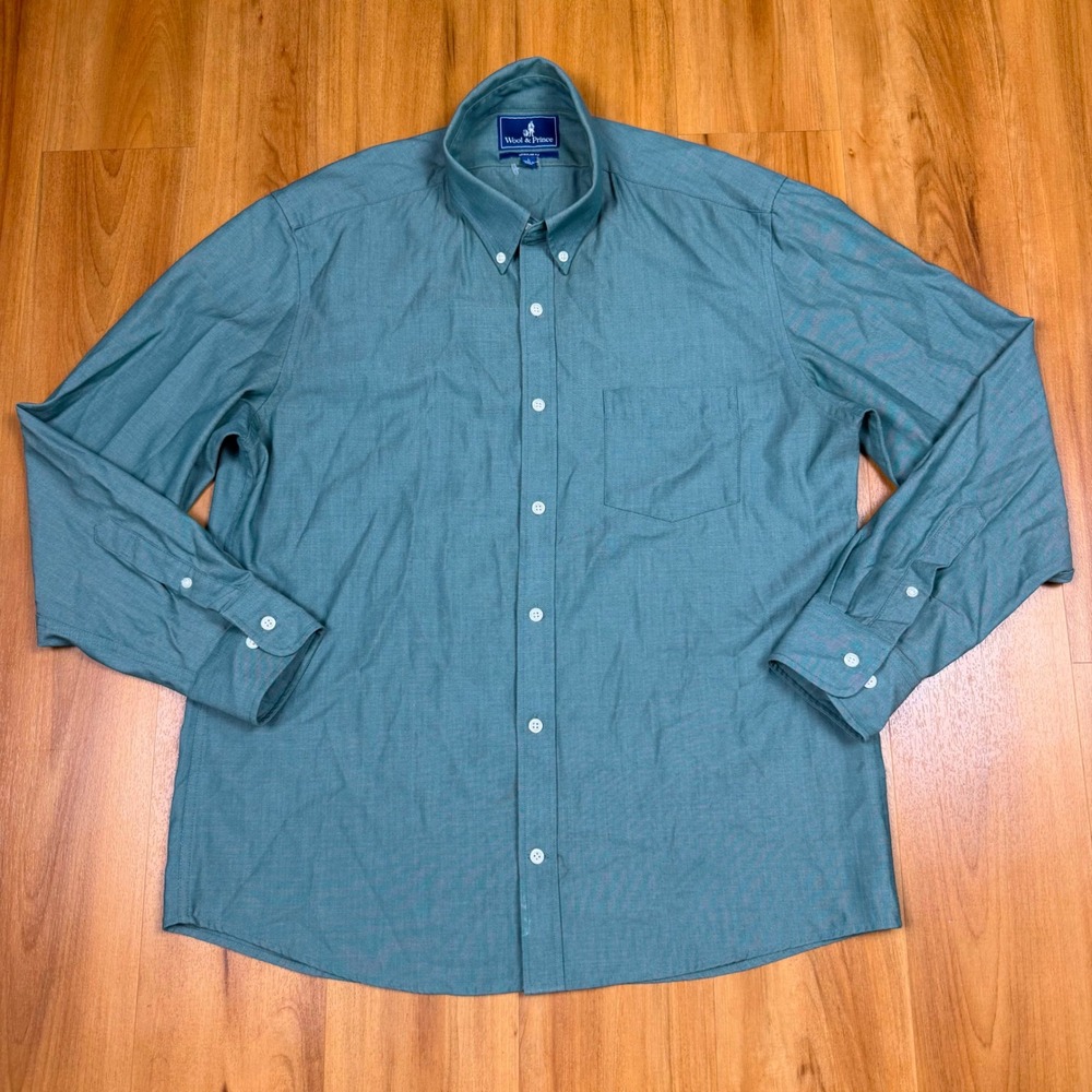 Wool & Prince Mens 100% Worsted Wool Button Down Shirt Teal Regular Fit Large